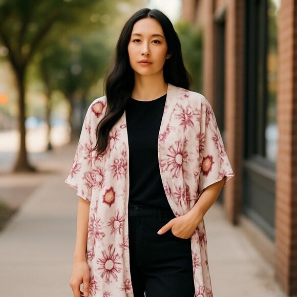 FRESHMAN Floral Open Front Short Sleeve Waterfall Duster Knit Sweater Size XS/S - Picture 1 of 9